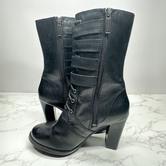 Harley Davidson Ladies Black Leather Boots Size 6 Mid Calf Buckles Zip Lace Up - Picture 6 of 16